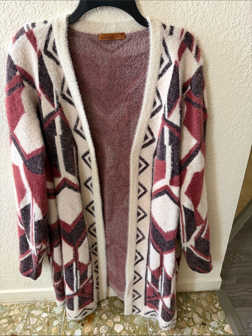 Belldini Geometric long Open Cardigan in Cream and Mauve